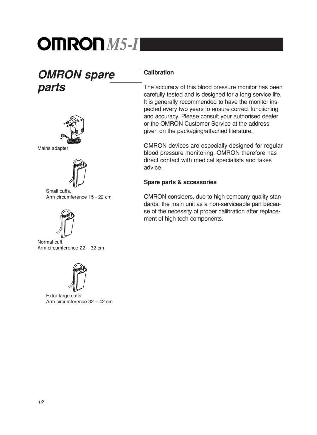 Omron M5-I instruction manual OMRON spare parts, Calibration, Spare parts & accessories 