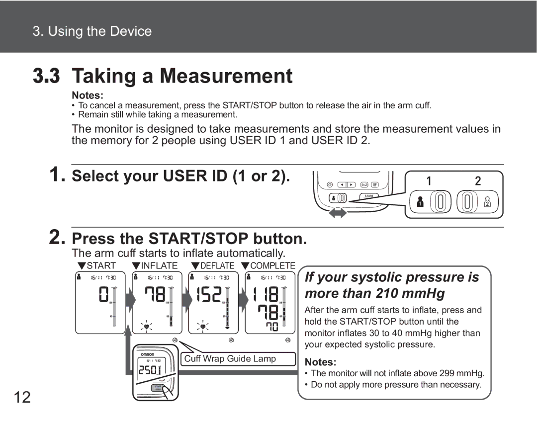 Omron M6 AC instruction manual Taking a Measurement, Select your User ID 1 or Press the START/STOP button 