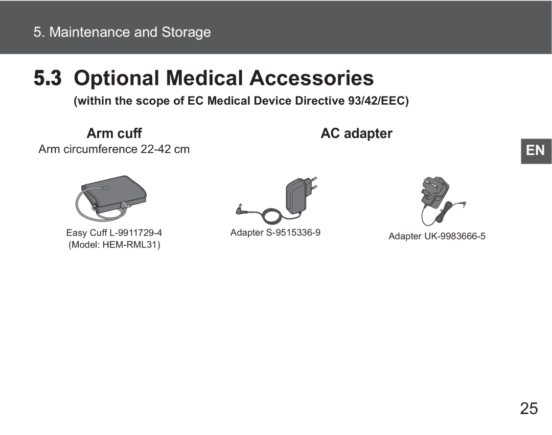 Omron M6 AC instruction manual Optional Medical Accessories, Arm cuff 