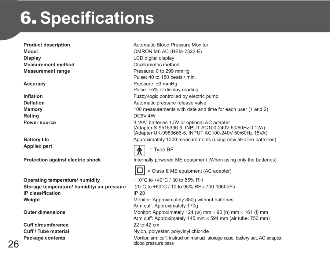 Omron M6 AC instruction manual Specifications, Power source 