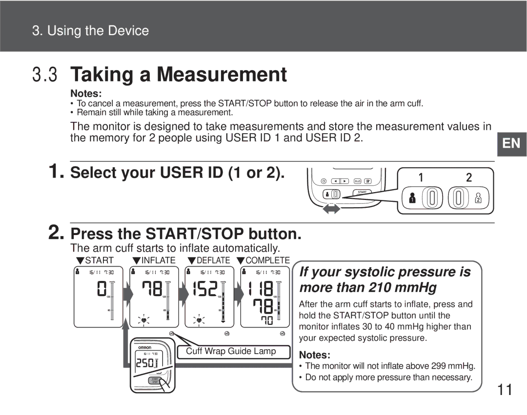 Omron M6 Comfort instruction manual Taking a Measurement, Select your User ID 1 or Press the START/STOP button 