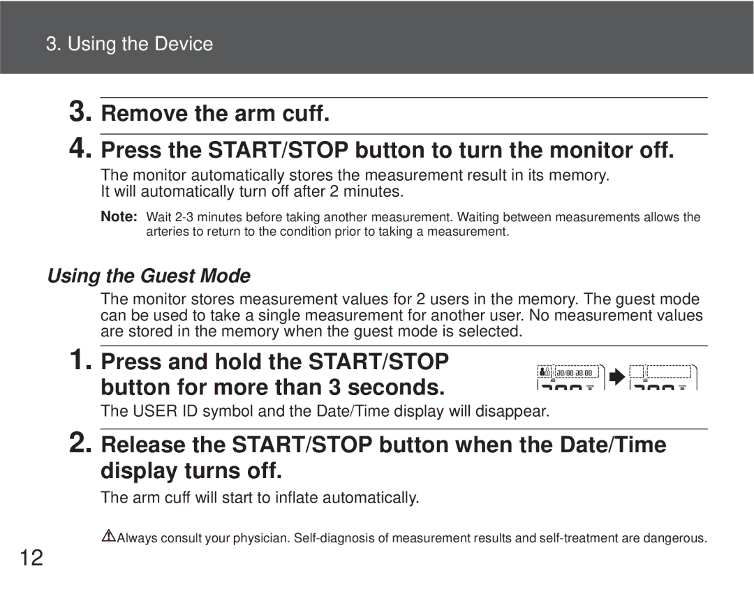 Omron M6 Comfort instruction manual Press and hold the START/STOP button for more than 3 seconds 