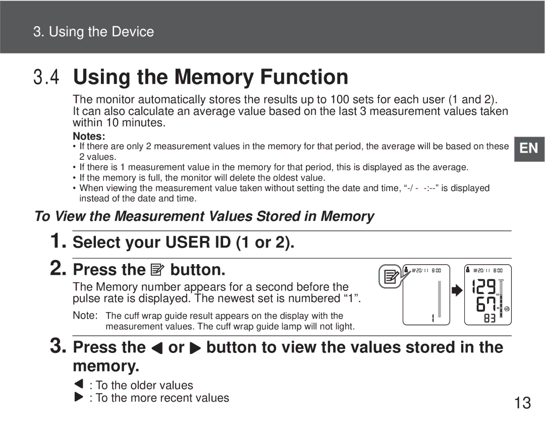 Omron M6 Comfort instruction manual Using the Memory Function, Select your User ID 1 or Press the button 