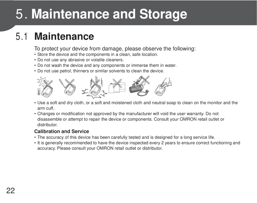 Omron M6 Comfort instruction manual Maintenance and Storage 