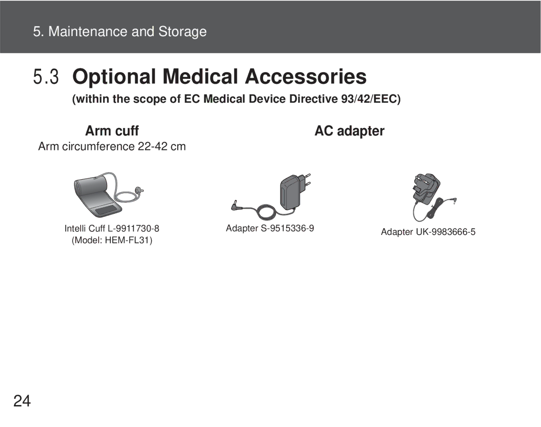 Omron M6 Comfort instruction manual Optional Medical Accessories, Arm cuff 