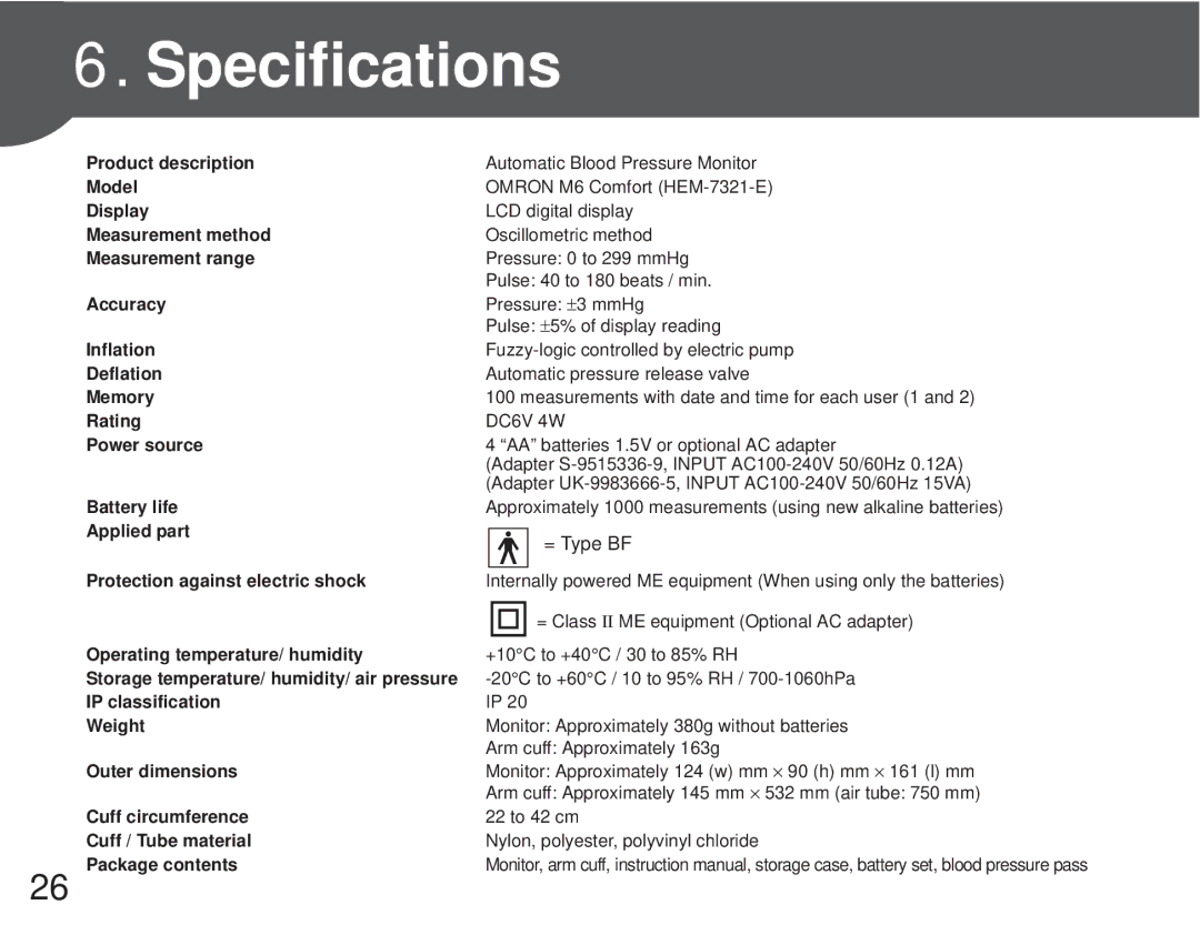 Omron M6 Comfort instruction manual Specifications, Power source 