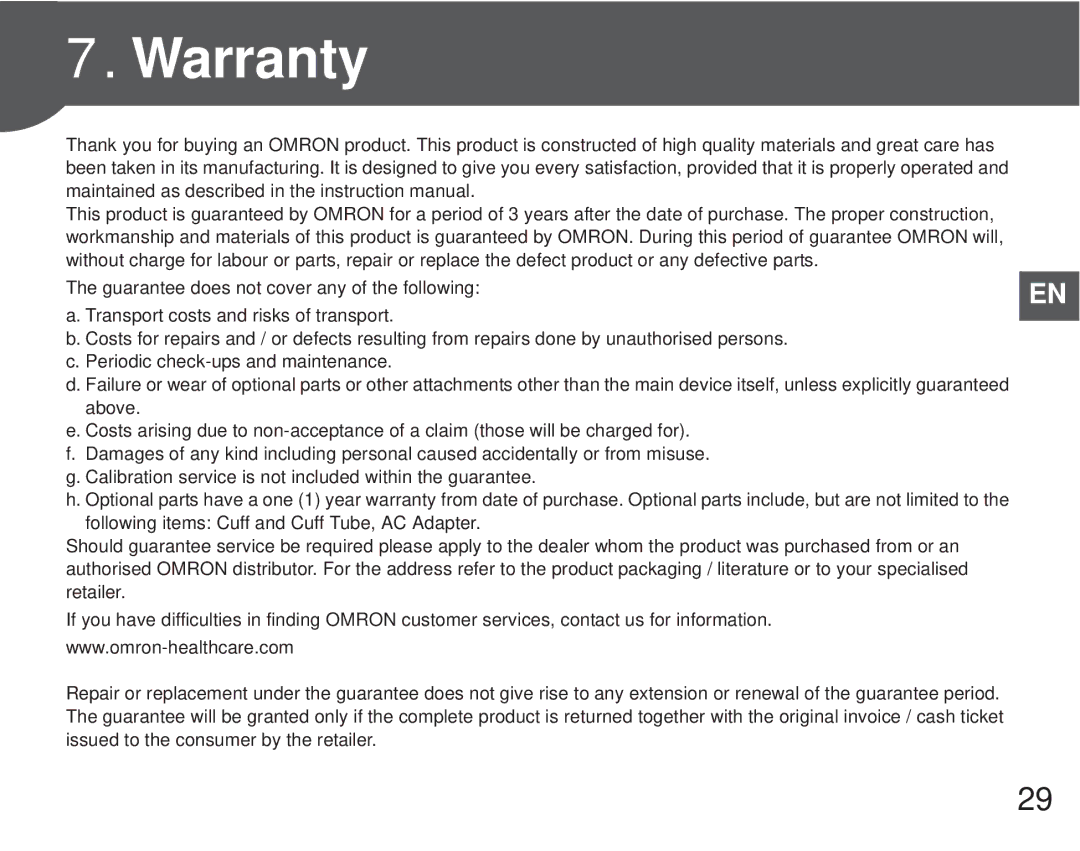 Omron M6 Comfort instruction manual Warranty 