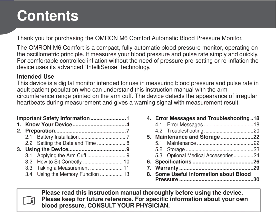 Omron M6 Comfort instruction manual Contents 