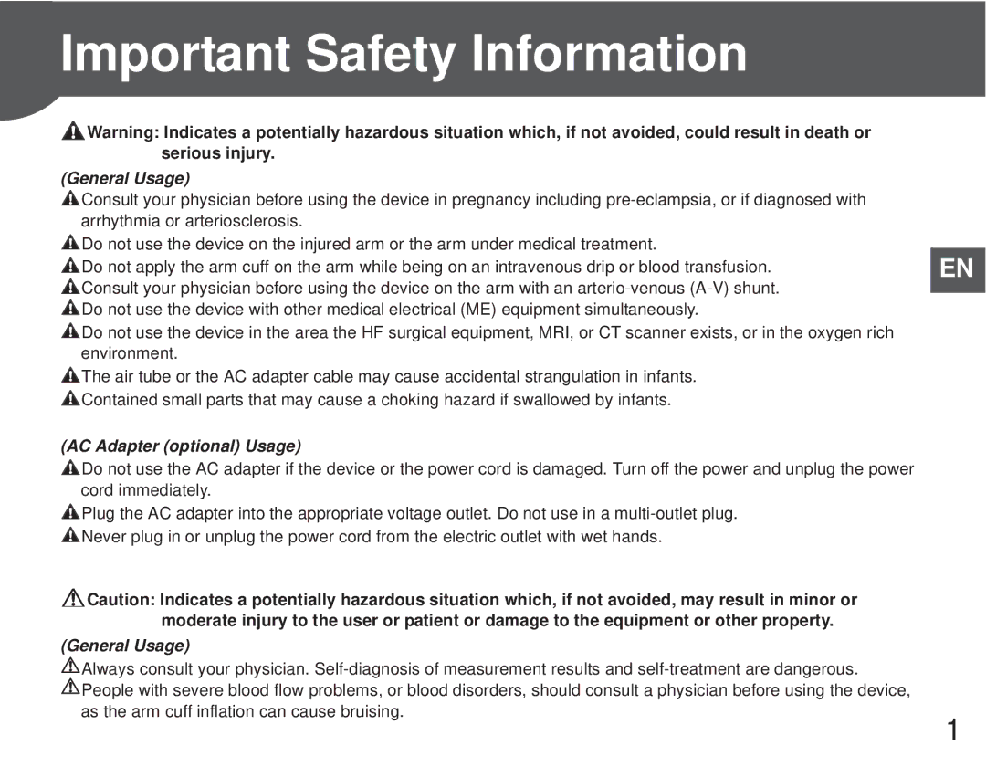 Omron M6 Comfort instruction manual Important Safety Information, General Usage 