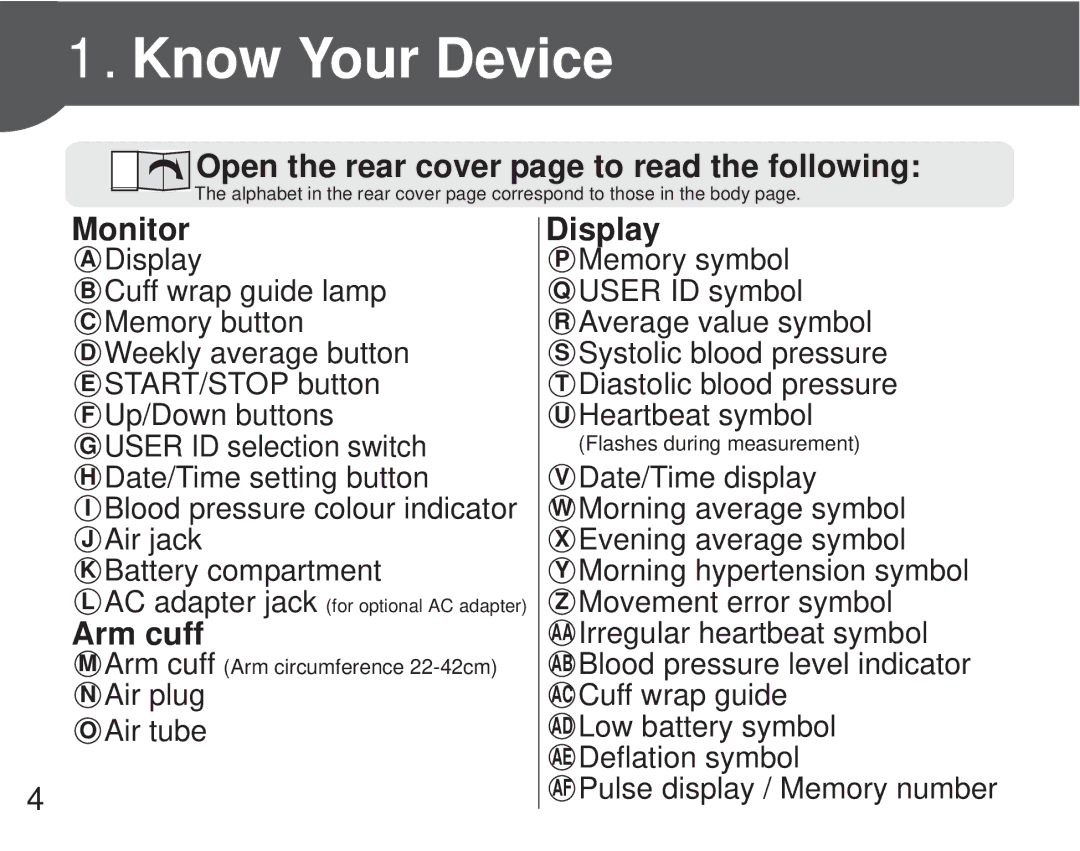 Omron M6 Comfort Know Your Device, Open the rear cover page to read the following, Monitor, Arm cuff, Display 