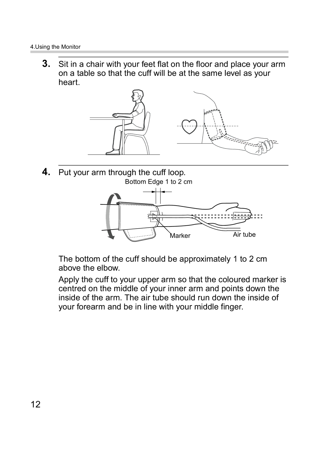 Omron M6 instruction manual Bottom Edge 1 to 2 cm Marker Air tube 