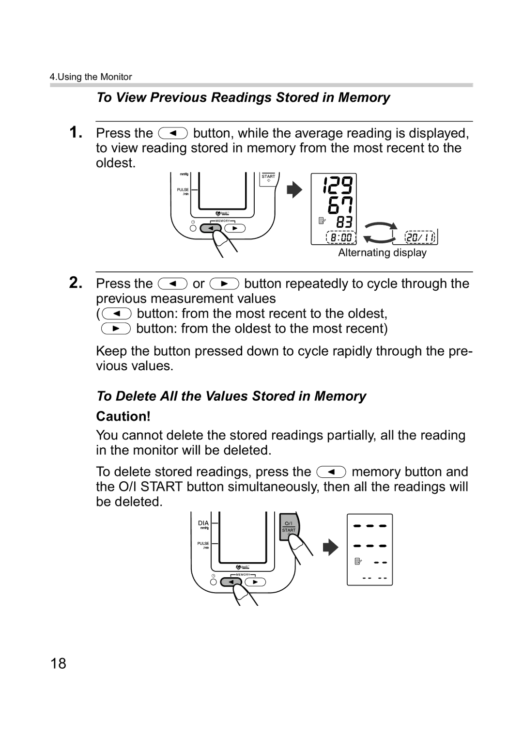 Omron M6 instruction manual To View Previous Readings Stored in Memory, To Delete All the Values Stored in Memory Caution 