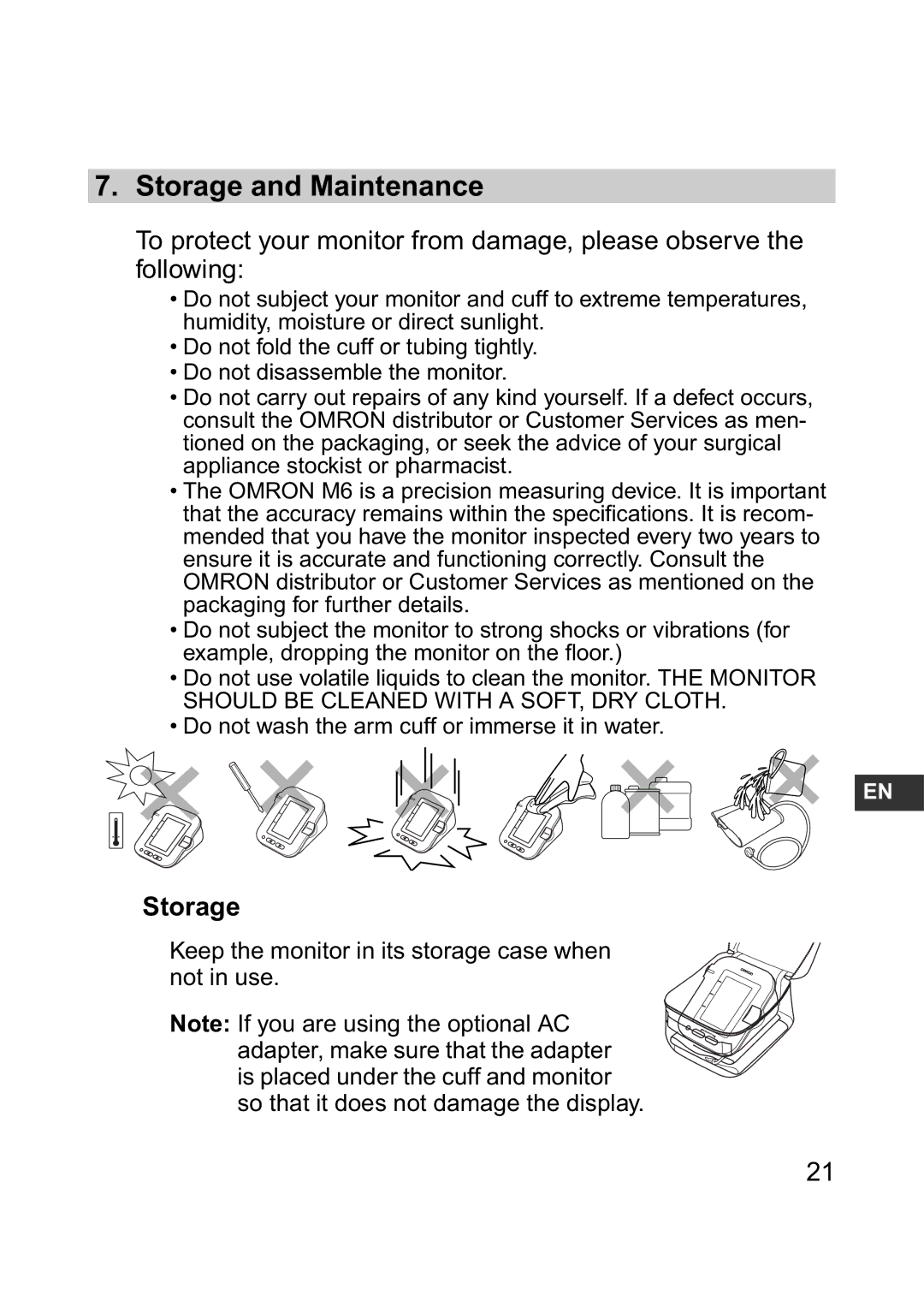 Omron M6 instruction manual Storage and Maintenance 