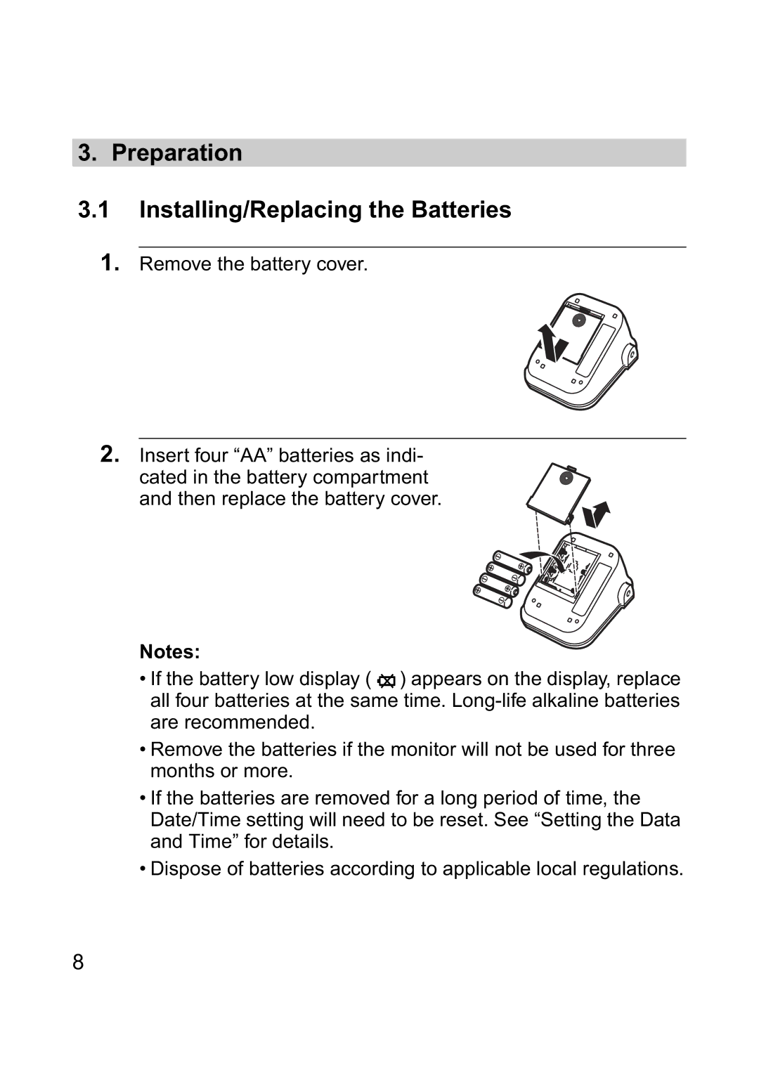 Omron M6 instruction manual Preparation Installing/Replacing the Batteries 