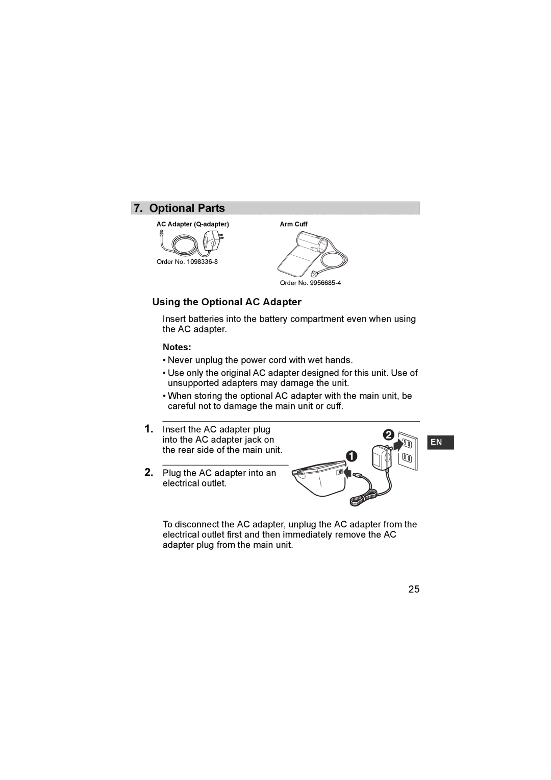 Omron M6 instruction manual Optional Parts, Using the Optional AC Adapter 