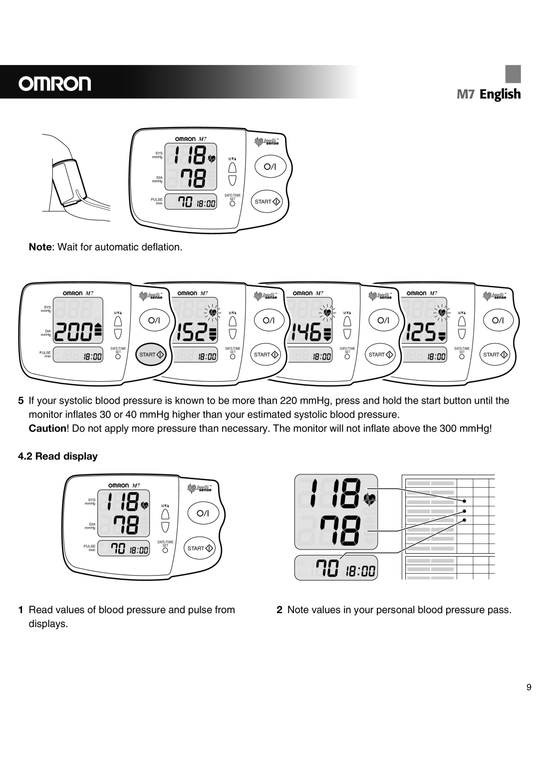 Omron M7 instruction manual Read display, Start 