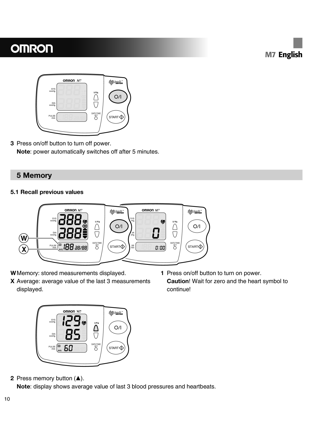 Omron M7 instruction manual Memory, Recall previous values 