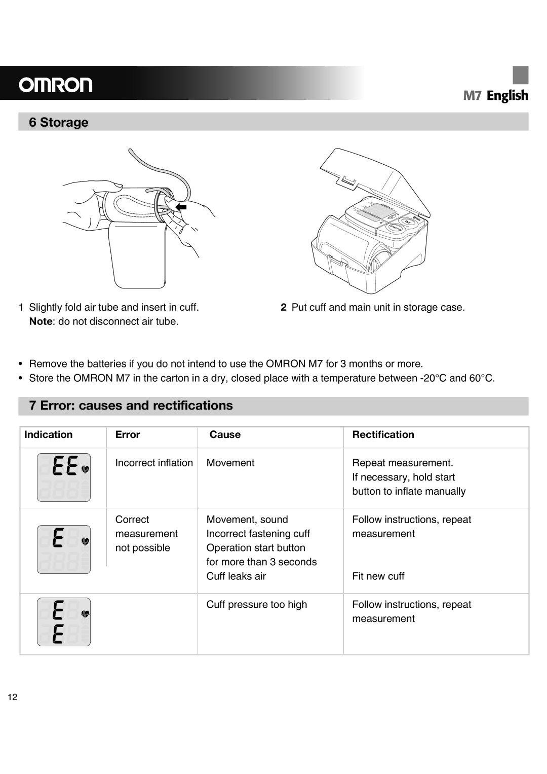 Omron M7 instruction manual Storage, Error causes and rectifications, Indication Error Cause Rectification 