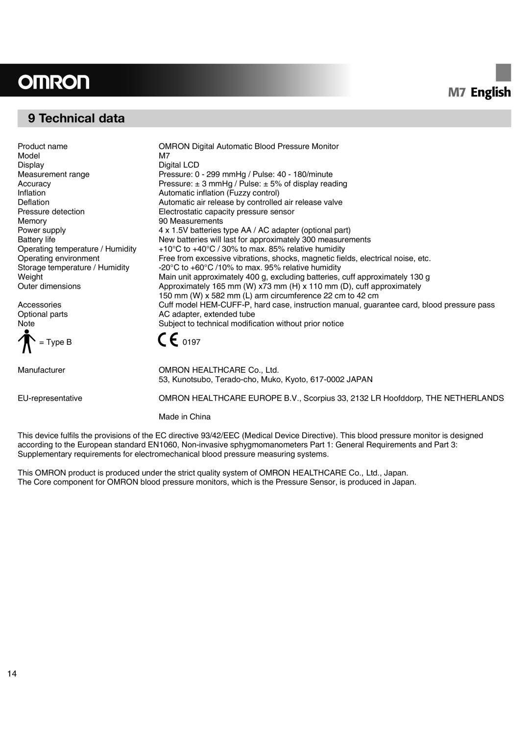 Omron M7 instruction manual Technical data 