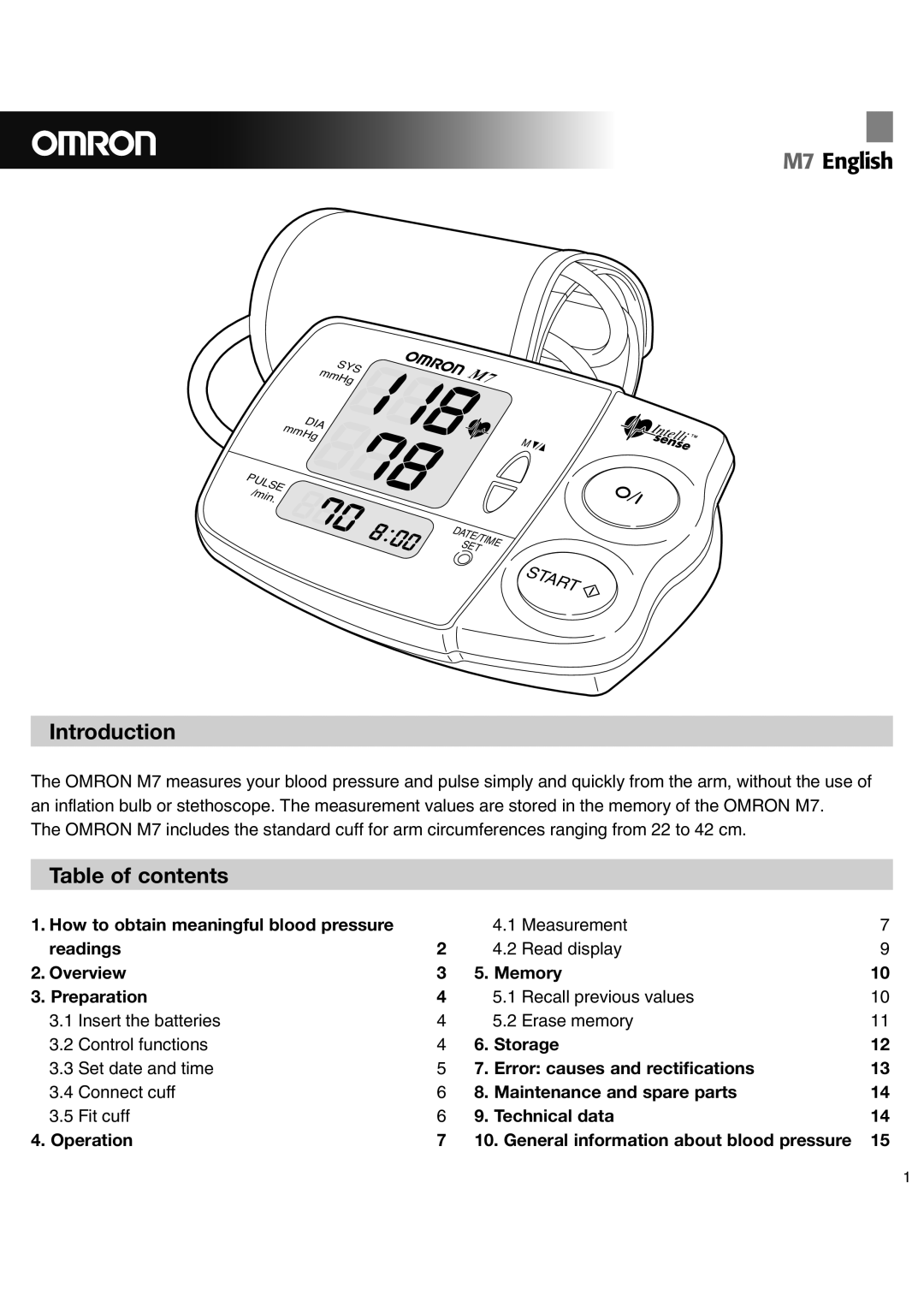 Omron M7 instruction manual Introduction, Table of contents 