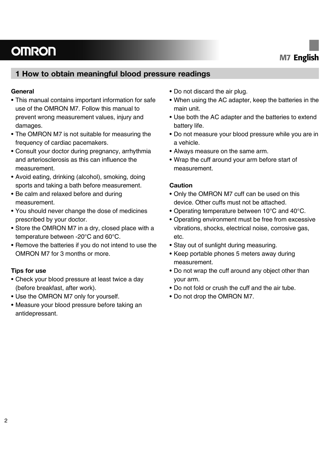 Omron M7 instruction manual How to obtain meaningful blood pressure readings, General, Tips for use 