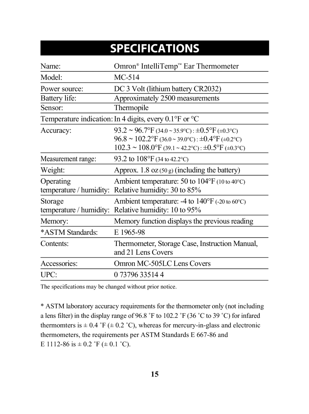 Omron MC 514 instruction manual Specificationst TLE, Upc 