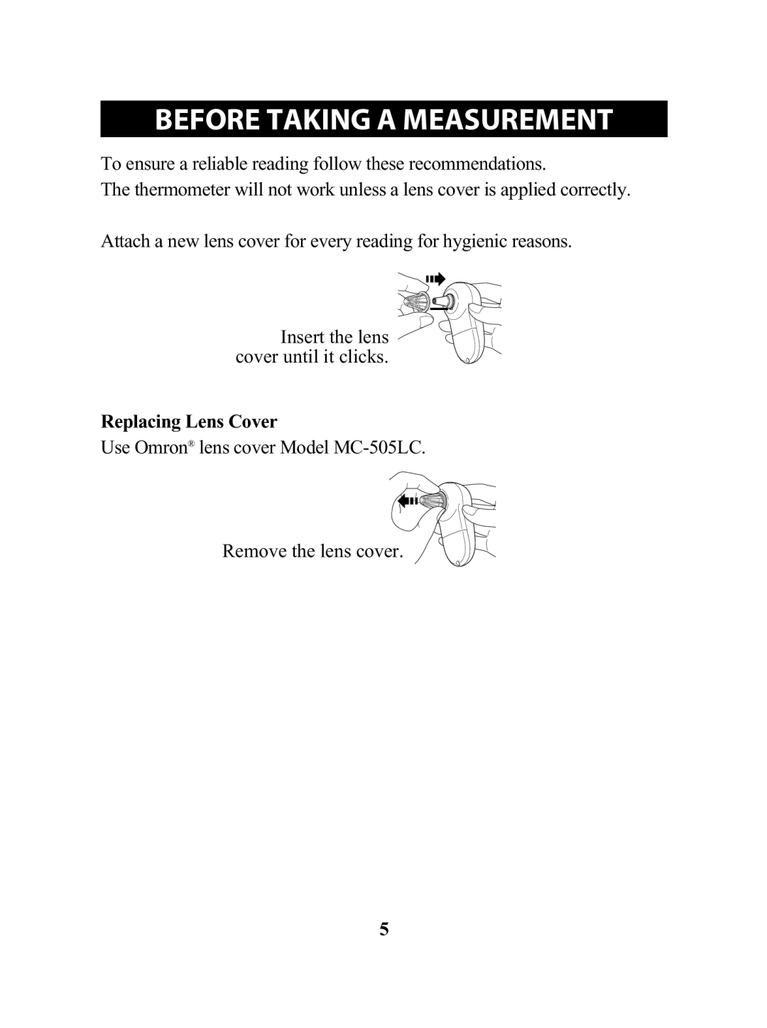 Omron MC 514 instruction manual Before Taking a Measurement, Replacing Lens Cover 