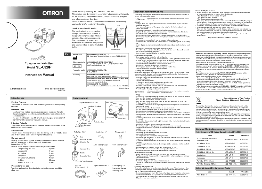 Omron ME-C28P instruction manual Important safety instructions, Intended use, Know your unit, Optional Medical Accessories 