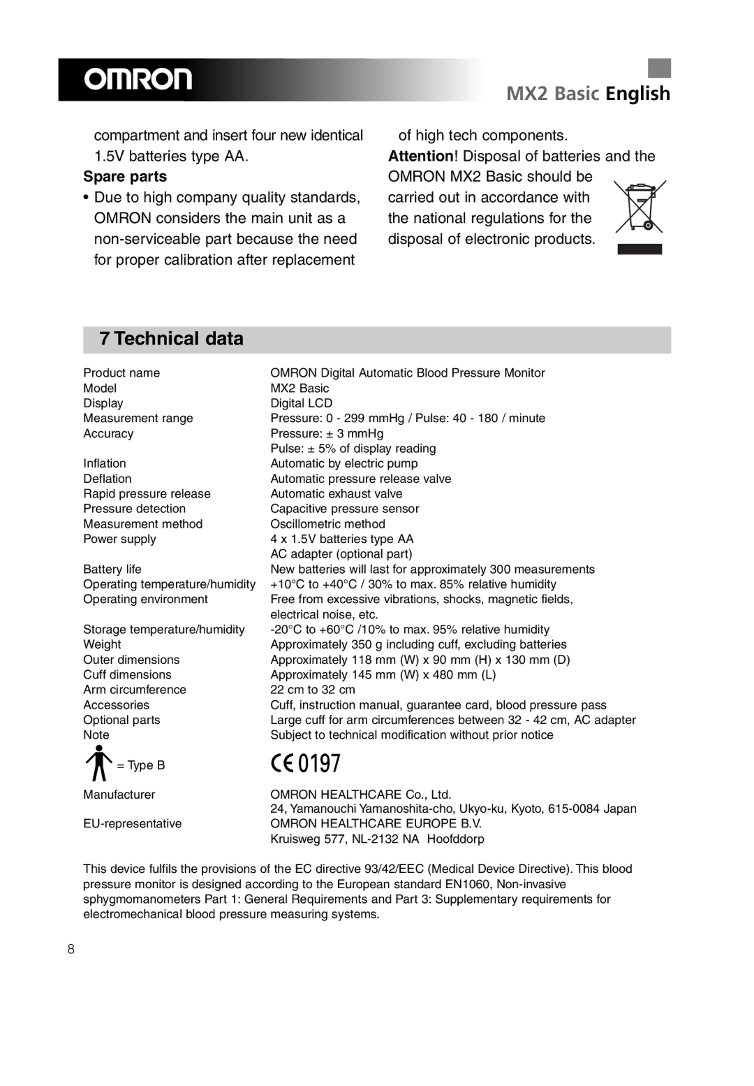 Omron MX2 Basic instruction manual Technical data, Spare parts 