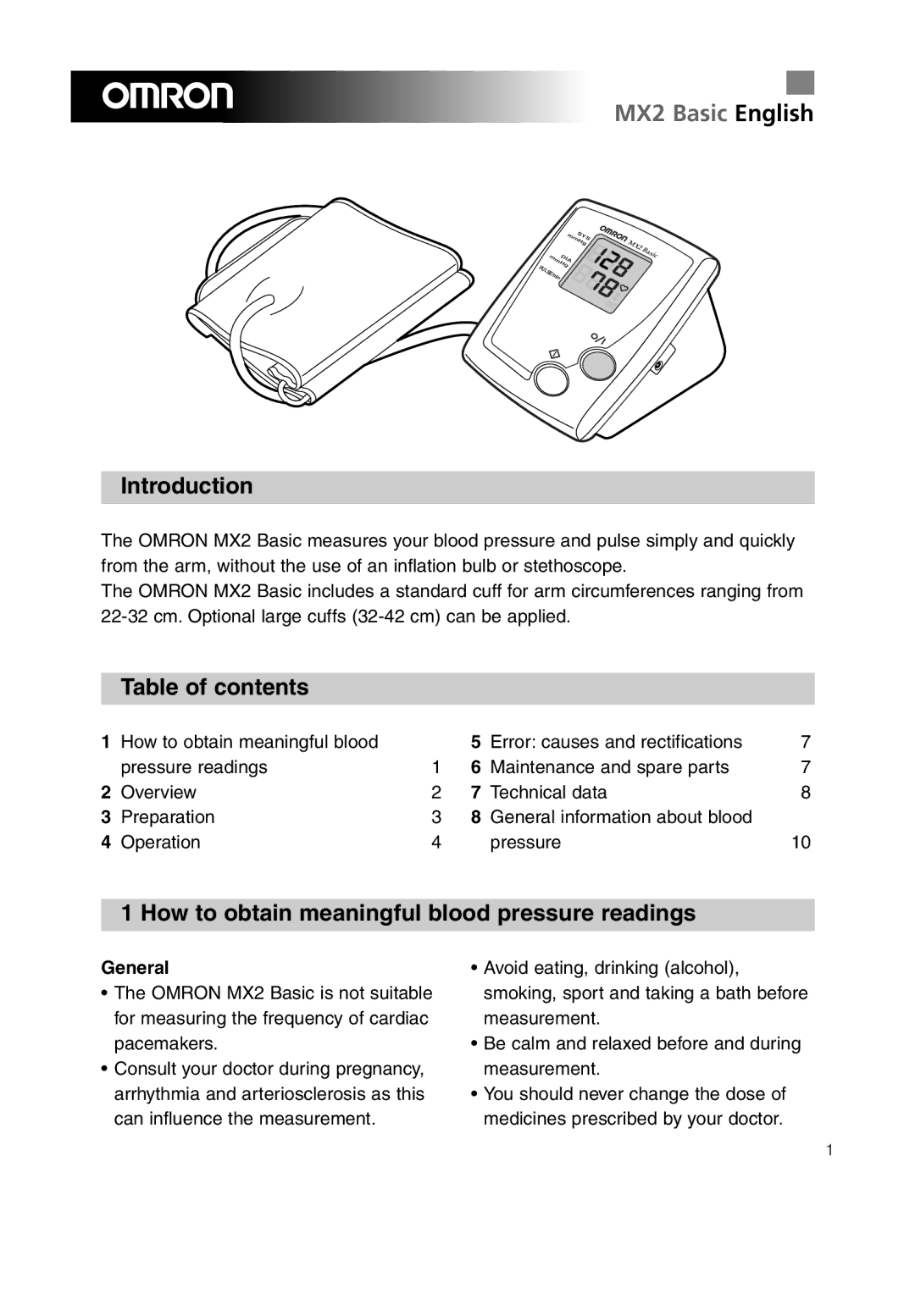 Omron MX2 Basic instruction manual Introduction, Table of contents, How to obtain meaningful blood pressure readings 