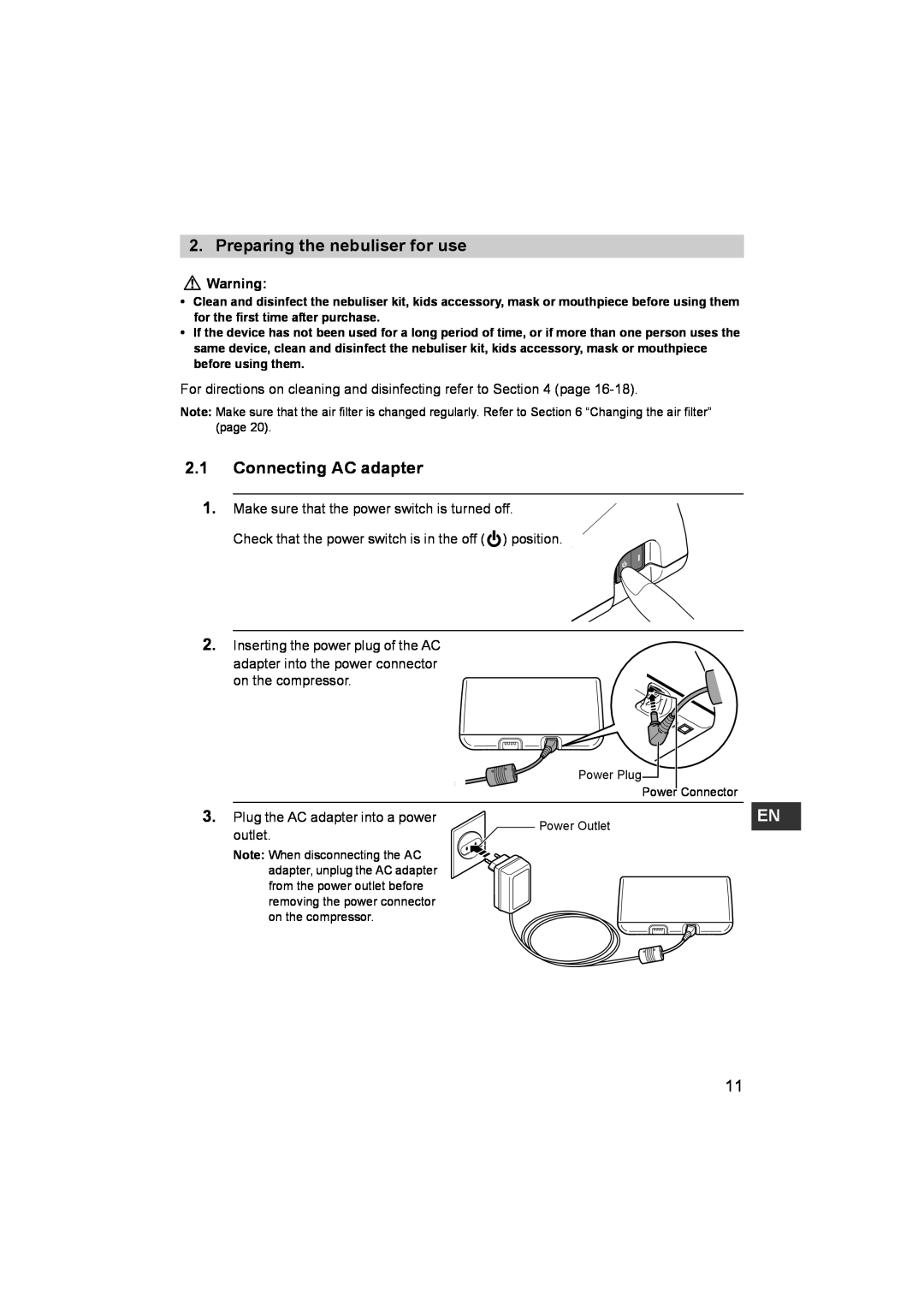 Omron NE- C801KD instruction manual Preparing the nebuliser for use, Connecting AC adapter 