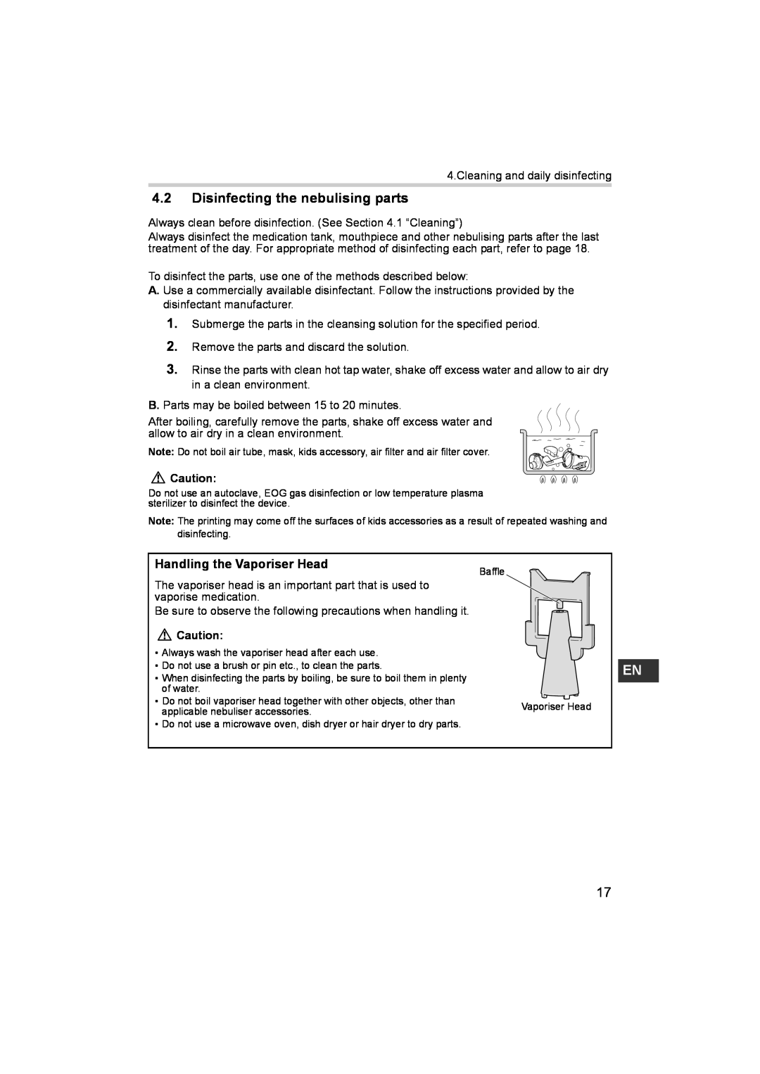Omron NE- C801KD instruction manual Disinfecting the nebulising parts, Handling the Vaporiser Head 