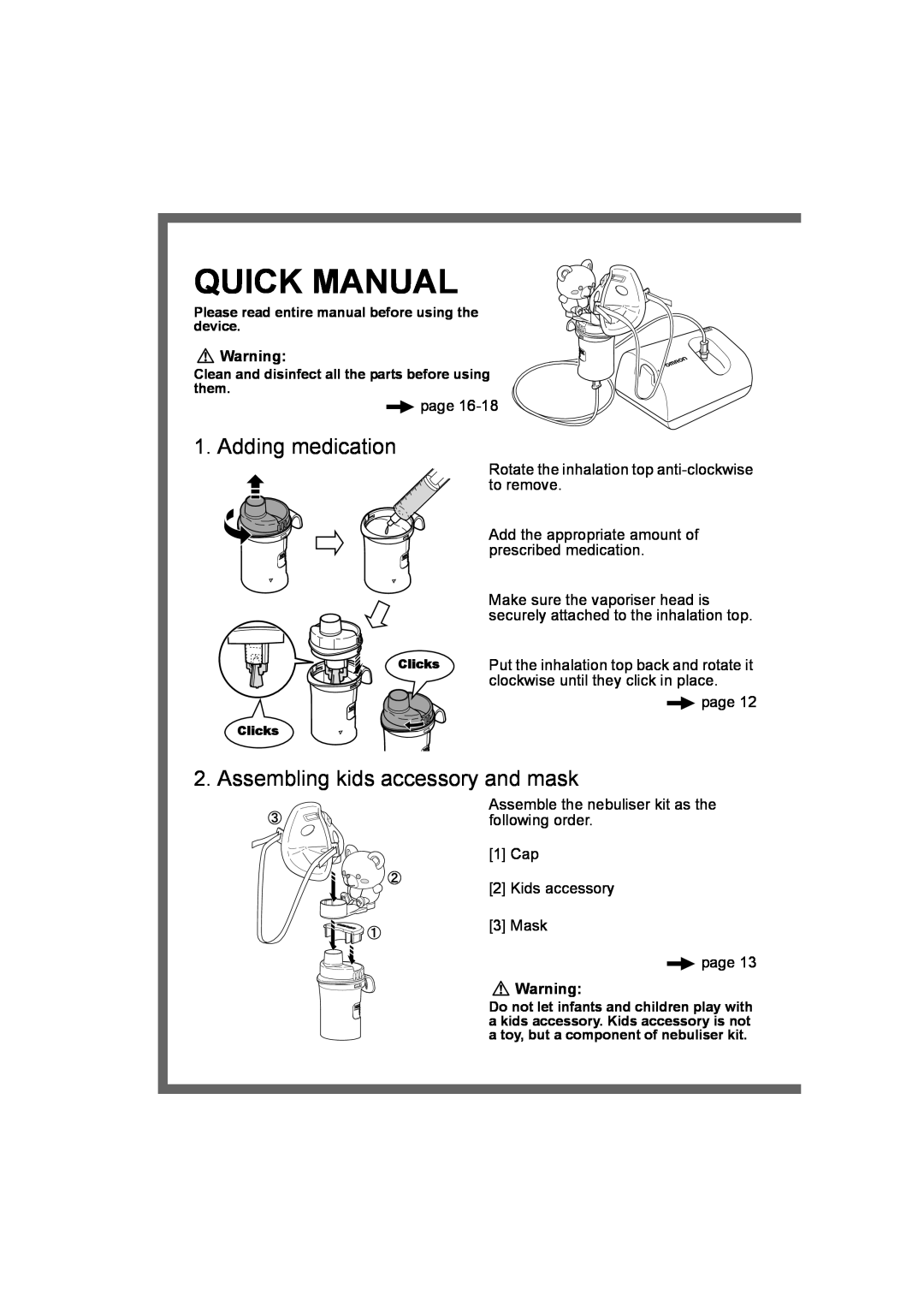 Omron NE- C801KD instruction manual Adding medication, Assembling kids accessory and mask, Quick Manual 