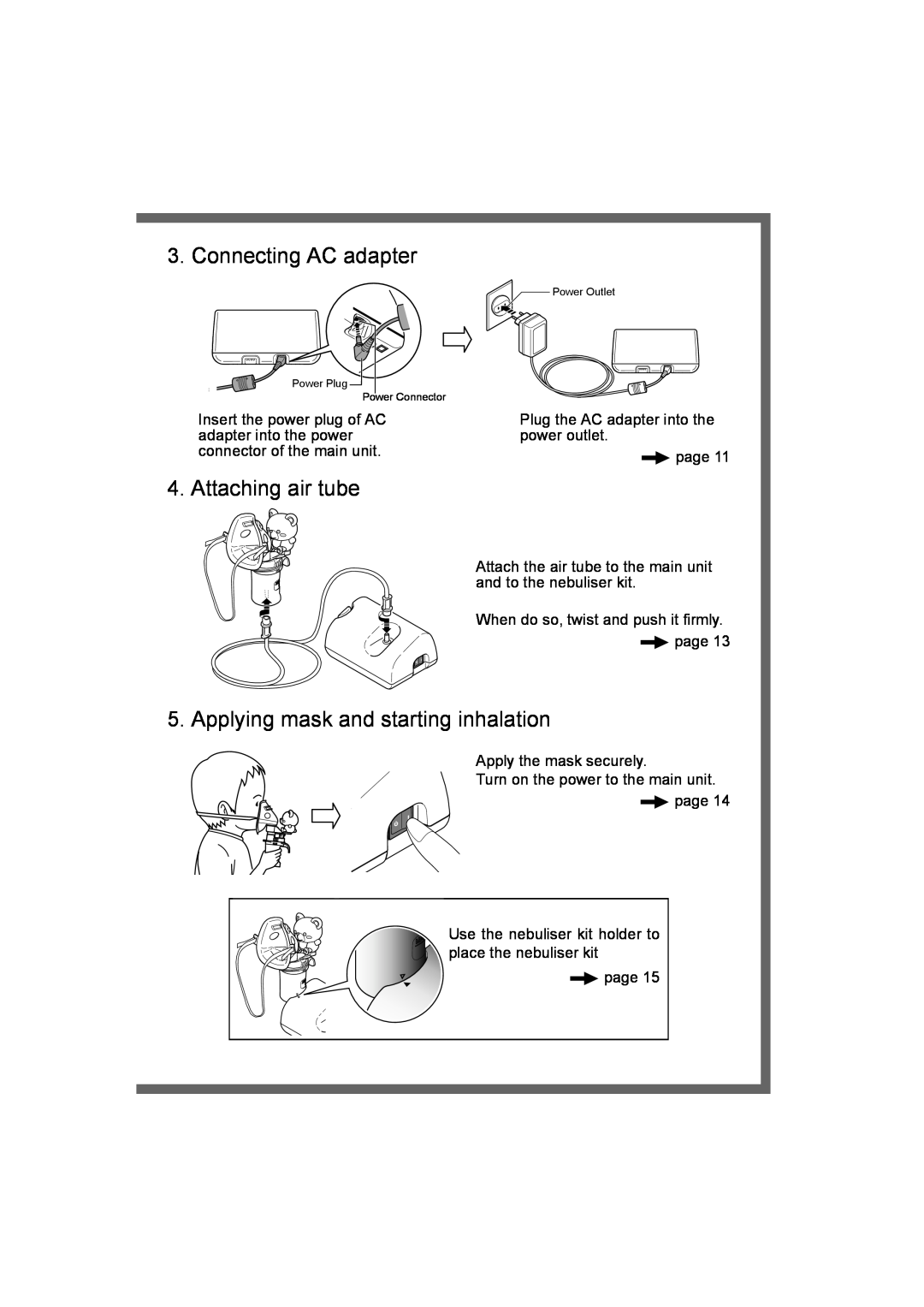 Omron NE- C801KD instruction manual Connecting AC adapter, Attaching air tube, Applying mask and starting inhalation 