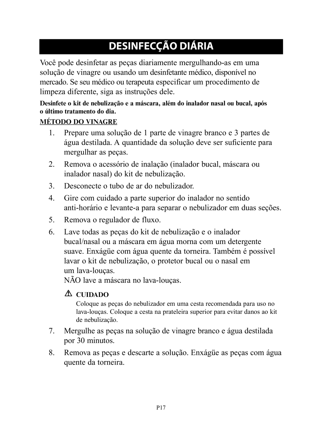 Omron NE-C28 instruction manual Desinfecção Diária, Método do Vinagre 