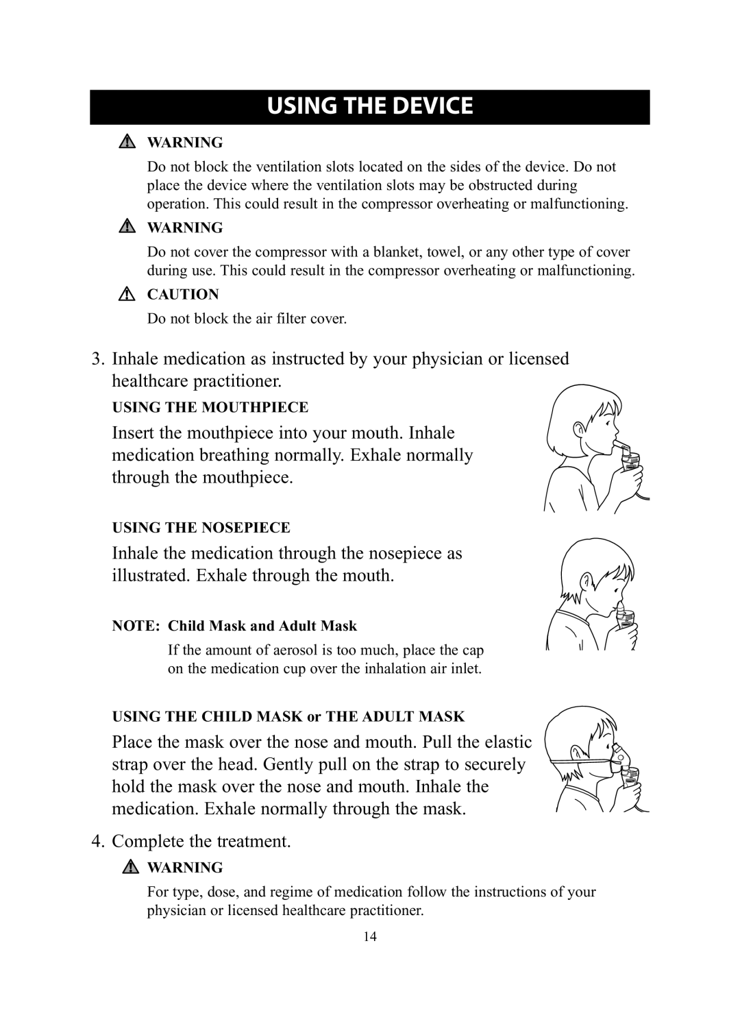 Omron NE-C28 instruction manual Using the Mouthpiece, Using the Child Mask or the Adult Mask 