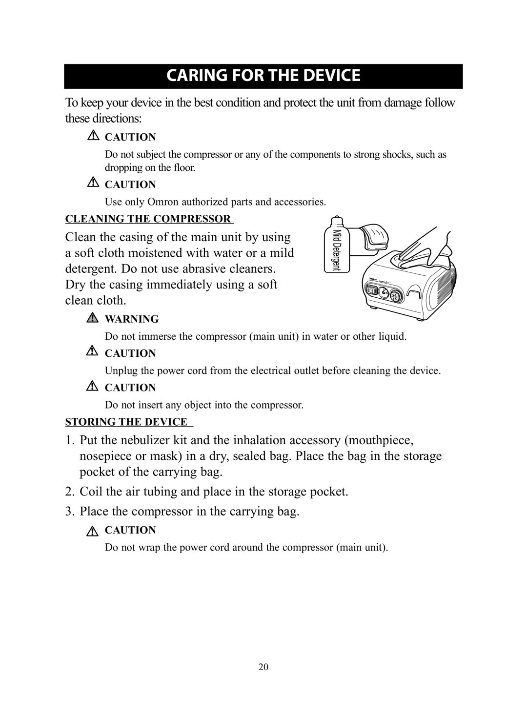 Omron NE-C28 instruction manual Caring for the Device, Cleaning the Compressor, Storing the Device 