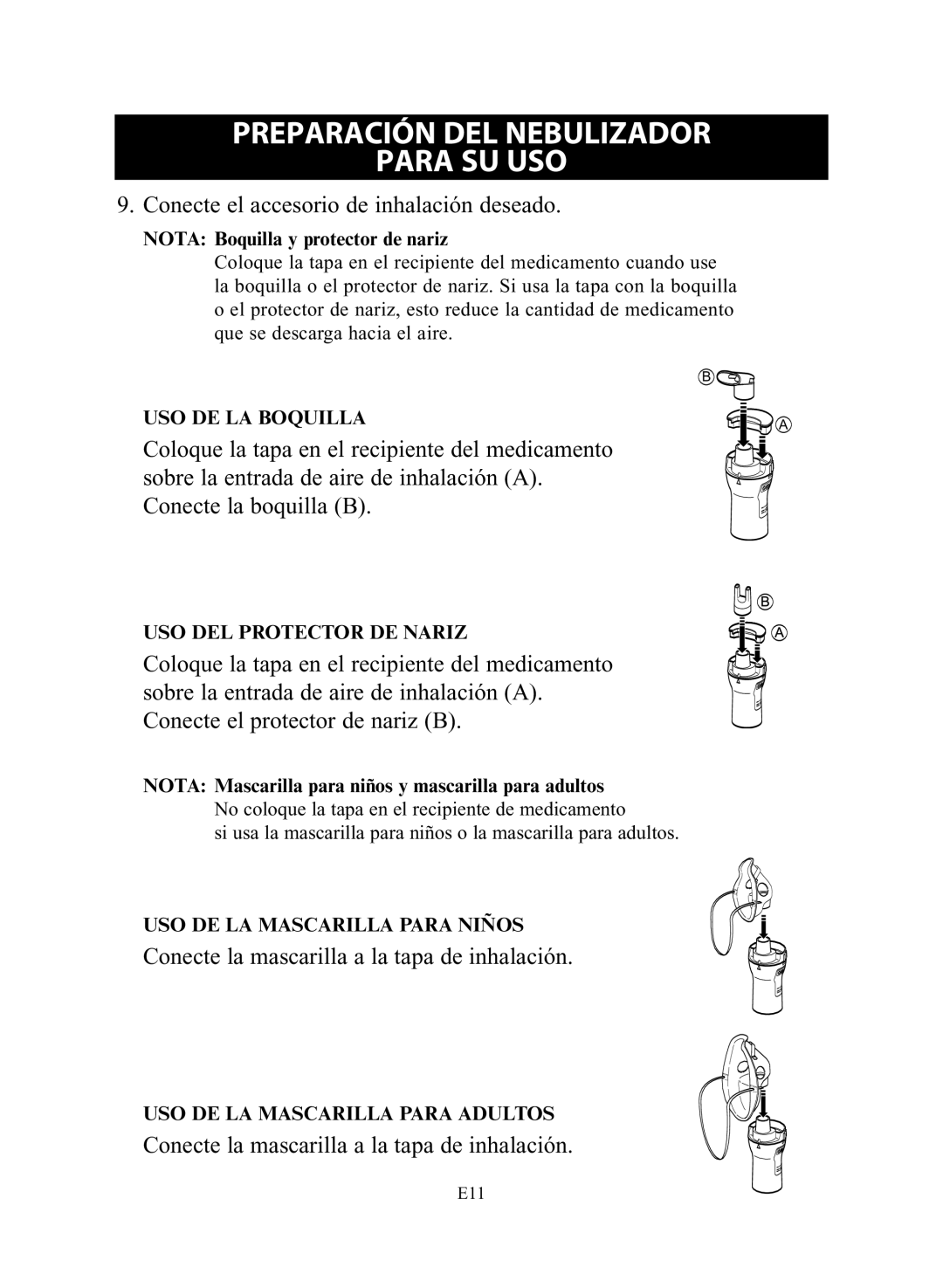 Omron NE-C28 instruction manual Conecte el accesorio de inhalación deseado, Conecte la mascarilla a la tapa de inhalación 