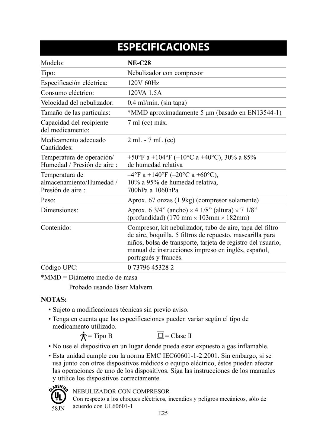 Omron NE-C28 instruction manual Especificaciones, Notas 