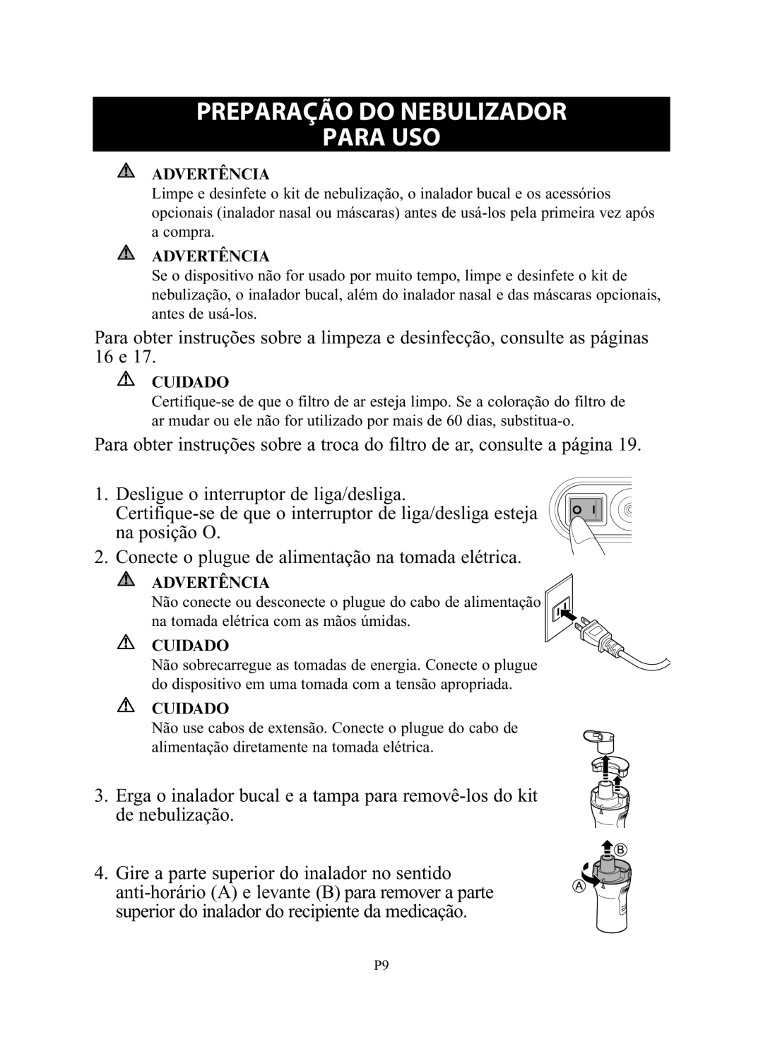 Omron NE-C28 instruction manual Preparação do Nebulizador Para USO, Advertência, Cuidado 