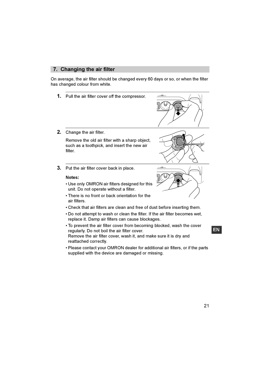 Omron NE-C29-E instruction manual Changing the air filter 