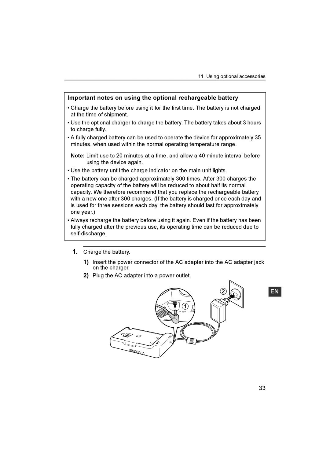 Omron NE-C30-E instruction manual Important notes on using the optional rechargeable battery 