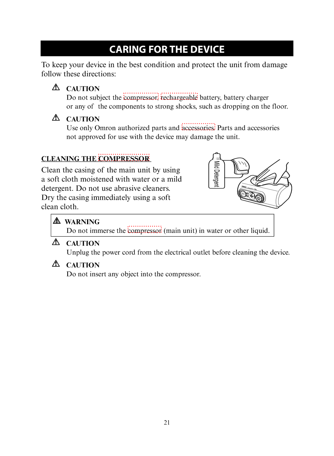 Omron NE-C30 instruction manual Caring for the Device, Cleaning the Compressor 