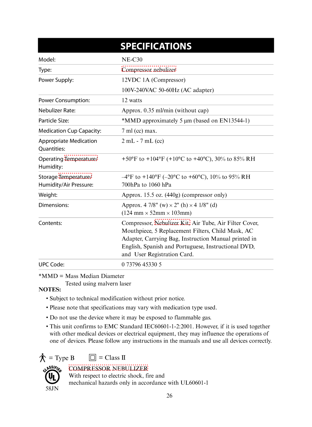 Omron NE-C30 instruction manual Specifications, Contents 