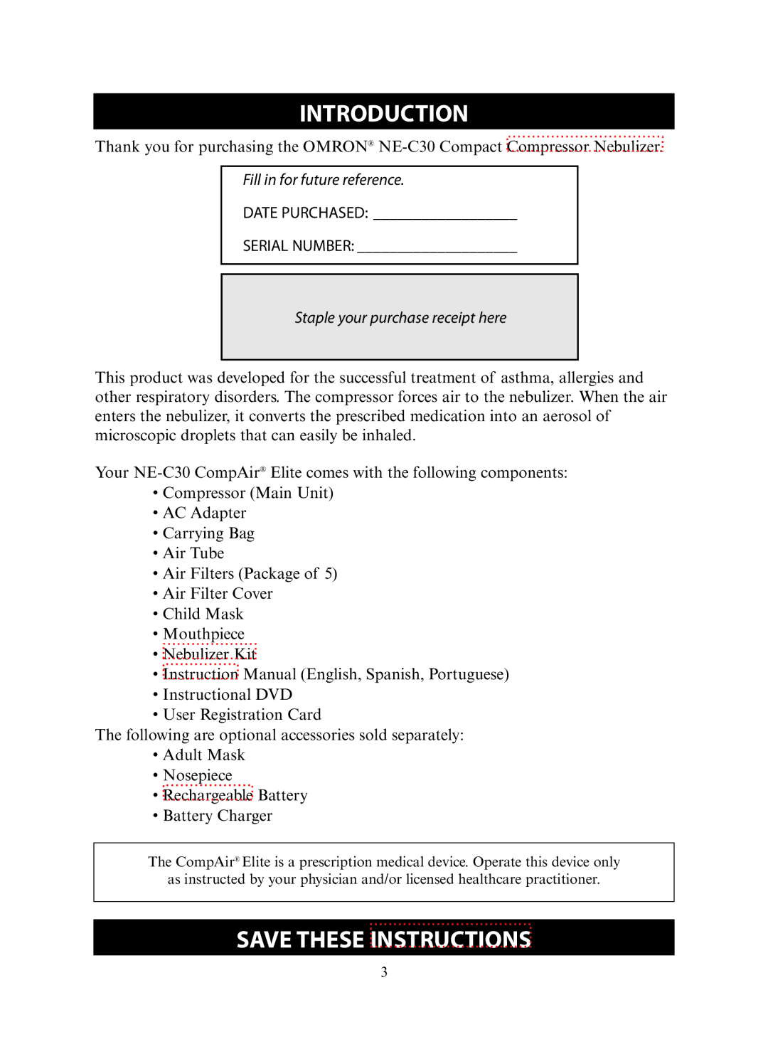 Omron NE-C30 instruction manual Introduction, Staple your purchase receipt here 