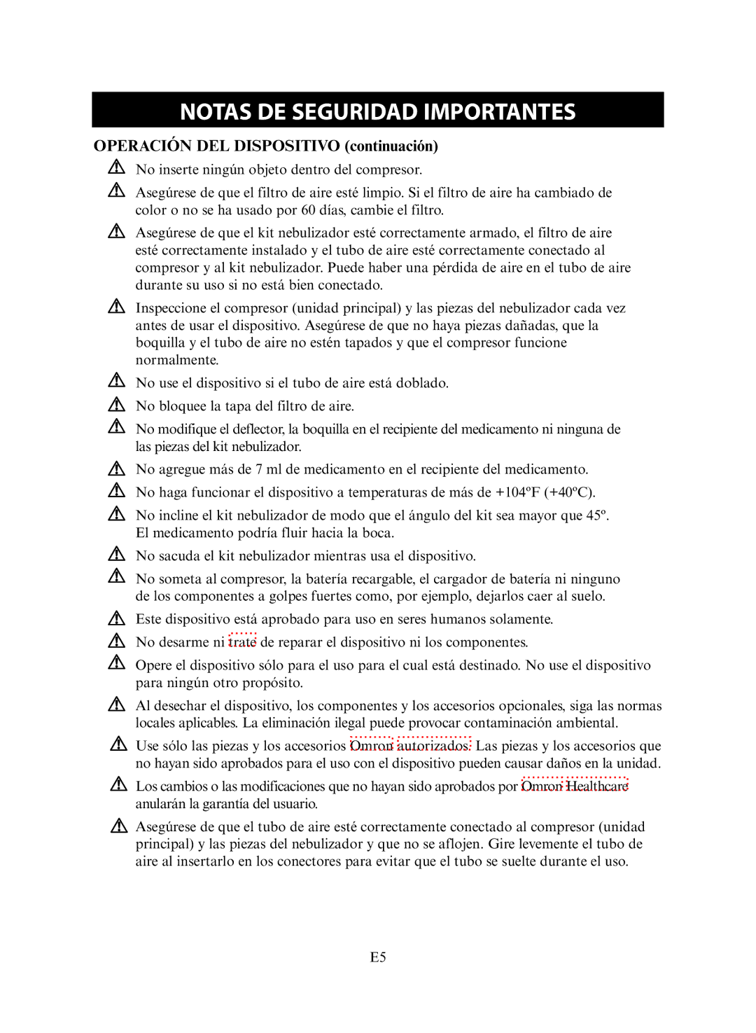 Omron NE-C30 instruction manual Notas DE Seguridad Importantes, Operación DEL Dispositivo continuación 