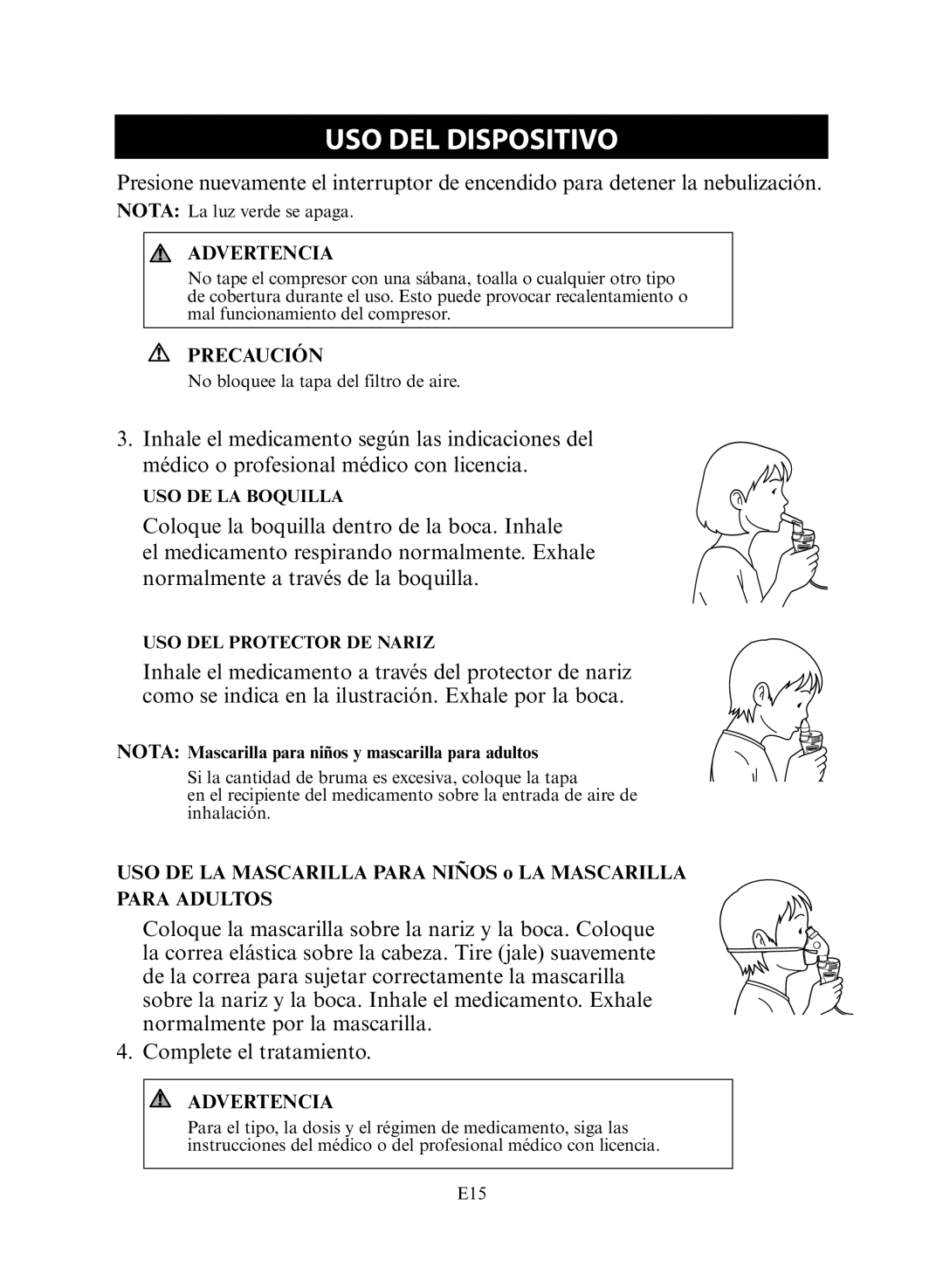 Omron NE-C30 instruction manual USO DE LA Mascarilla Para Niños o LA Mascarilla Para Adultos 