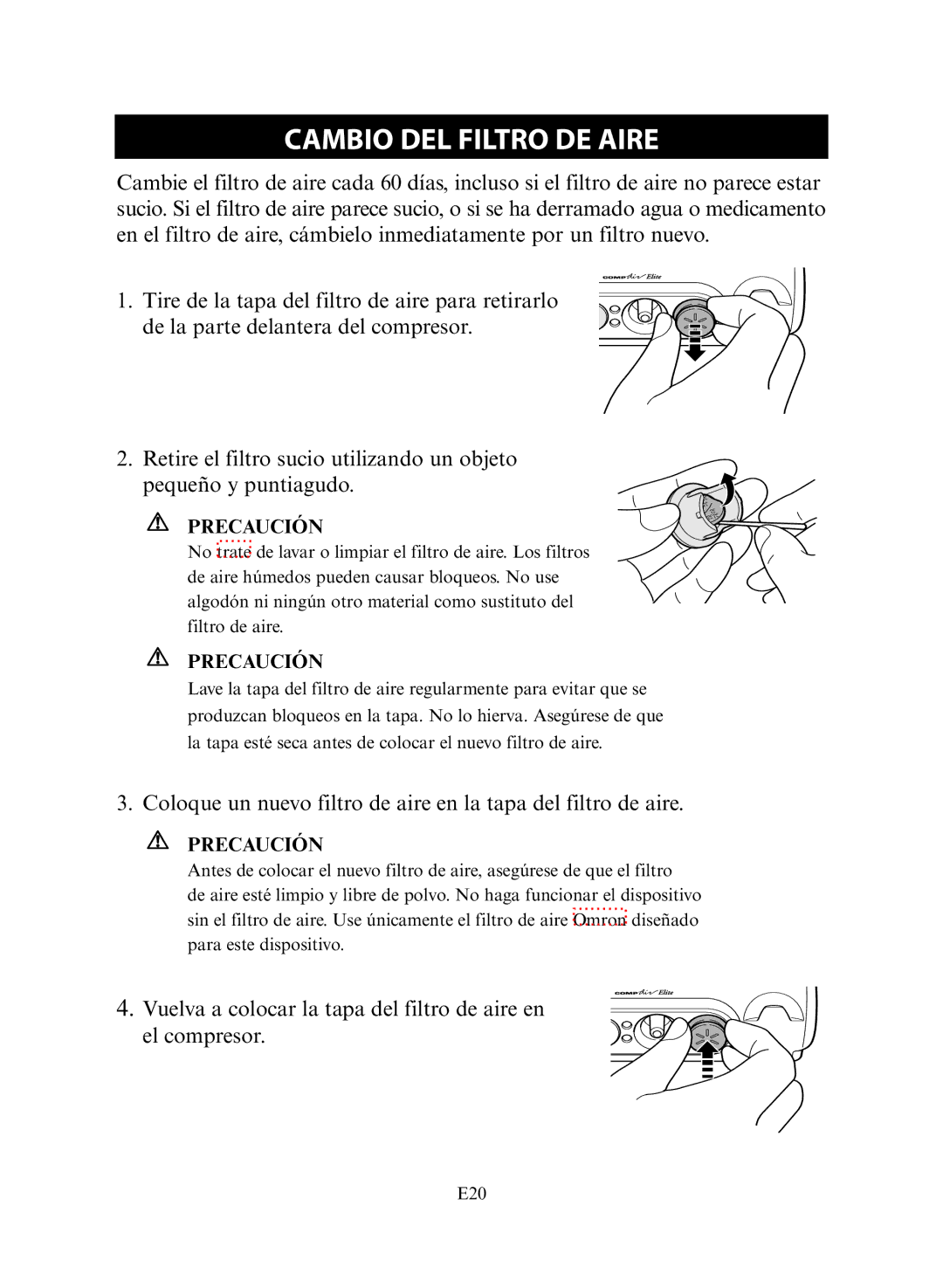 Omron NE-C30 instruction manual Cambio DEL Filtro DE Aire 