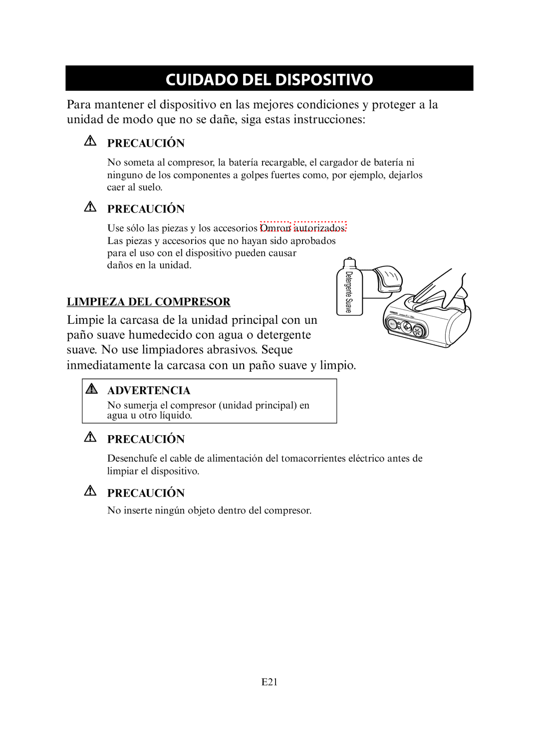 Omron NE-C30 instruction manual Cuidado DEL Dispositivo, Limpieza DEL Compresor 