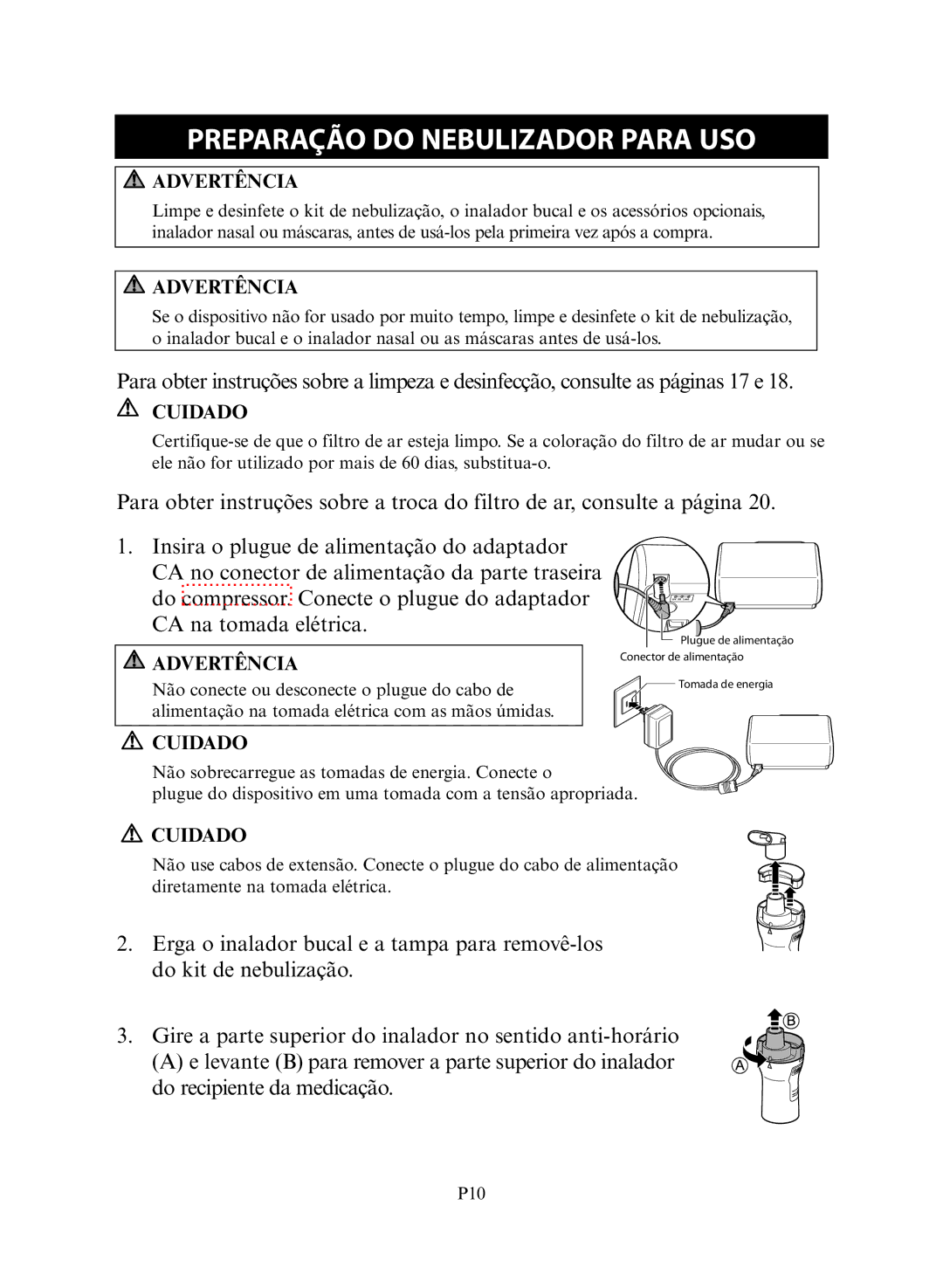 Omron NE-C30 instruction manual Preparação do Nebulizador Para USO, Advertência, Cuidado 